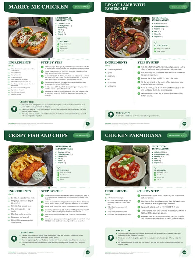 Real pages from the book: Marry Me chicken, leg of lamb with rosemary, crispy fish and chips and chicken parmigiana, each with a photo, °C temperature, cooking time and step-by-step method